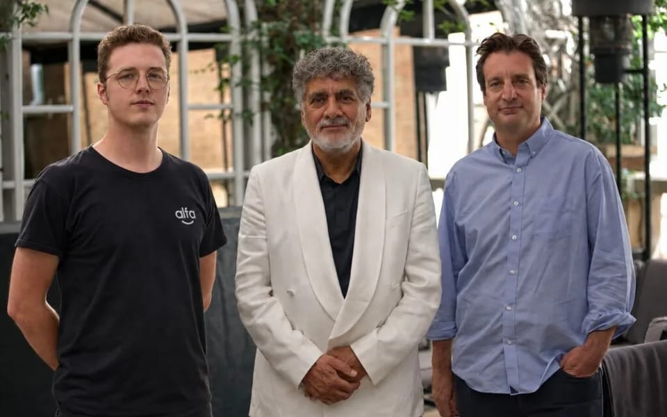 Alfie Whattam, chief executive of Alfa, with James Caan and Ed Godshaw, chief technology officer of Alfa