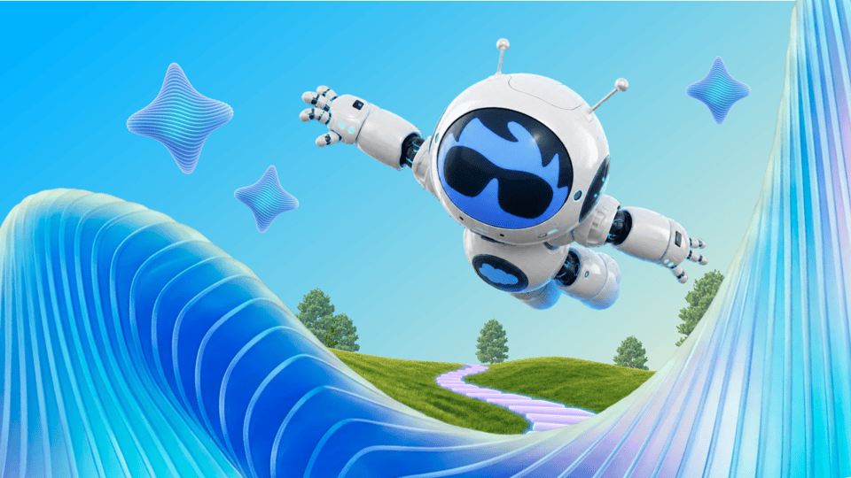 Salesforce's Agentforce robot character, a white and blue 3D figure, flying over a stylised green landscape with blue ribbons and stars