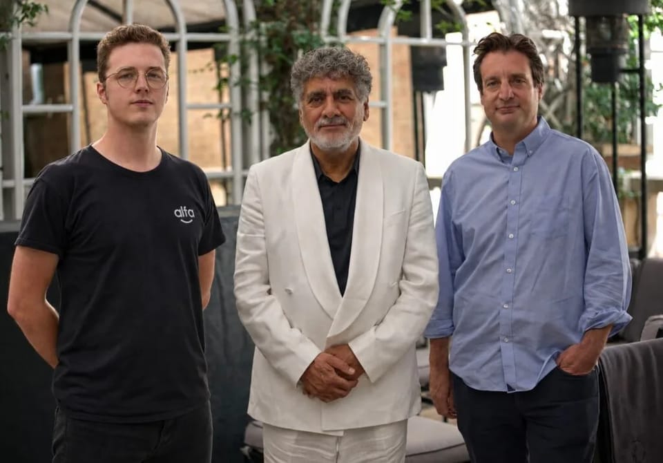 Alfie Whattam, chief executive of Alfa, with James Caan and Ed Godshaw, chief technology officer of Alfa