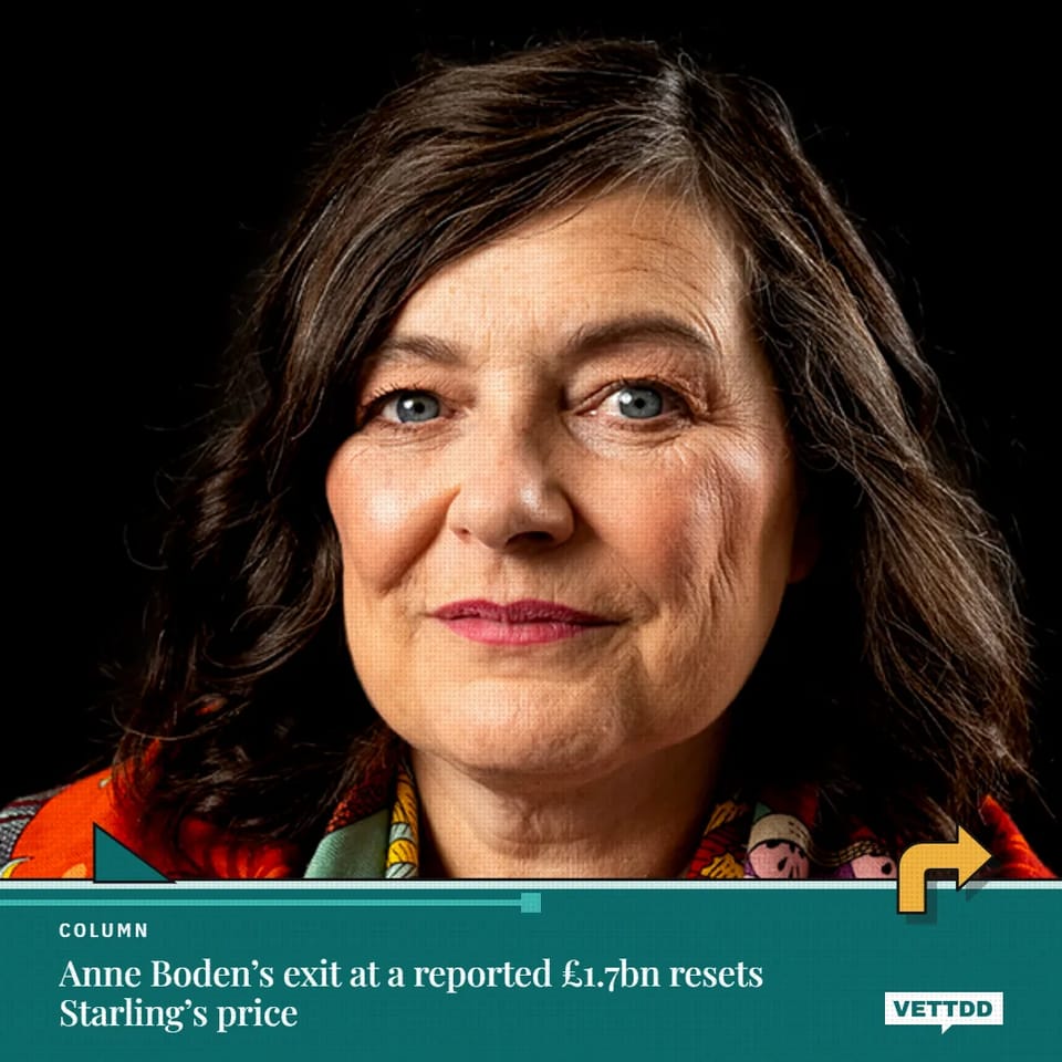 Anne Boden, founder of Starling Bank, with a petrol green VETTDD banner reading ‘Anne Boden’s exit at a reported £1.7bn resets Starling’s price’