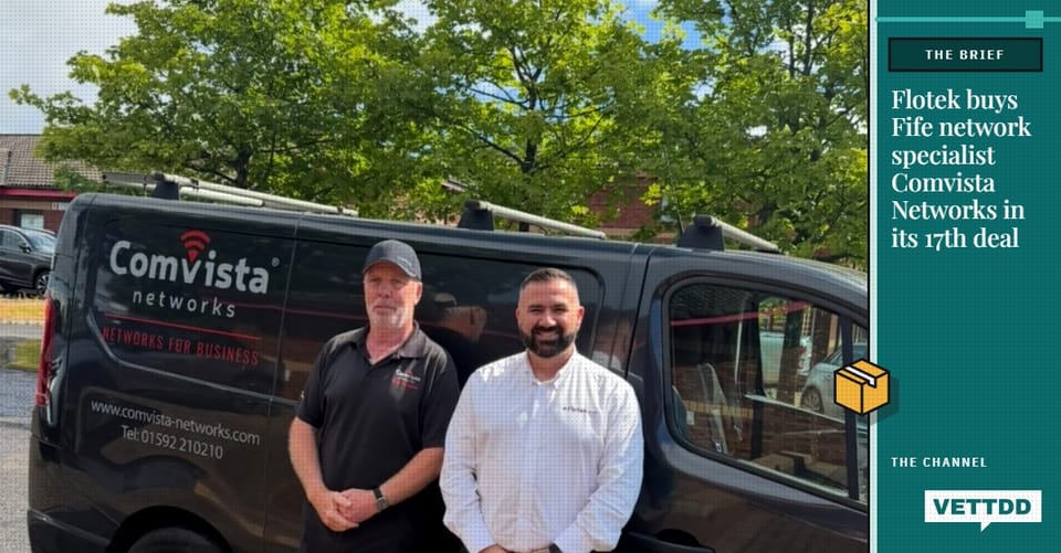 VETTDD Brief graphic with the headline beside a photo of two men in front of a Comvista Networks van, one in a black Comvista polo shirt and cap, the other in a white Flotek shirt