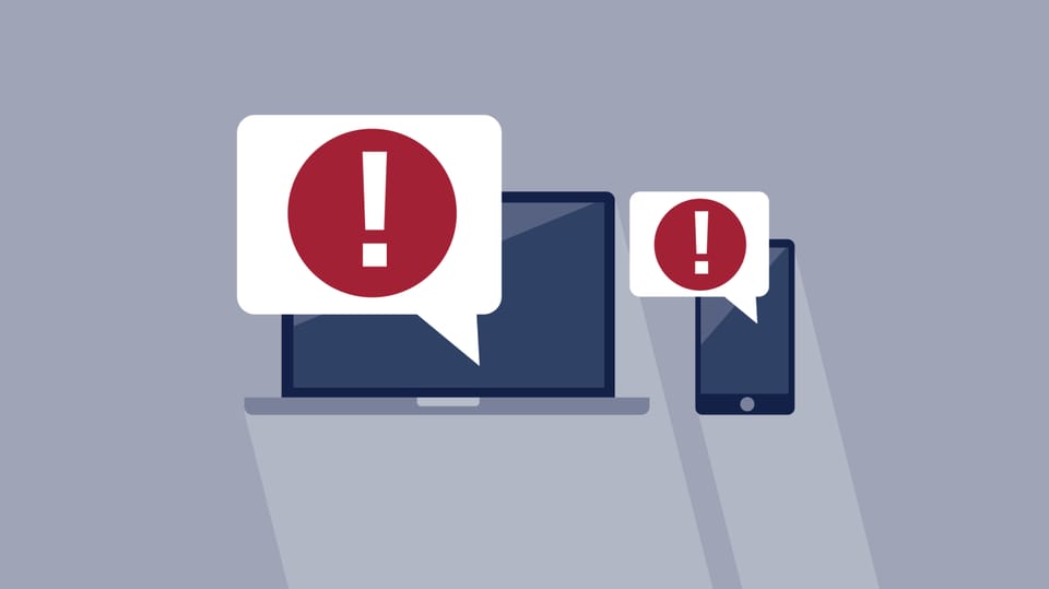 Illustration of a laptop and tablet with red alert symbols