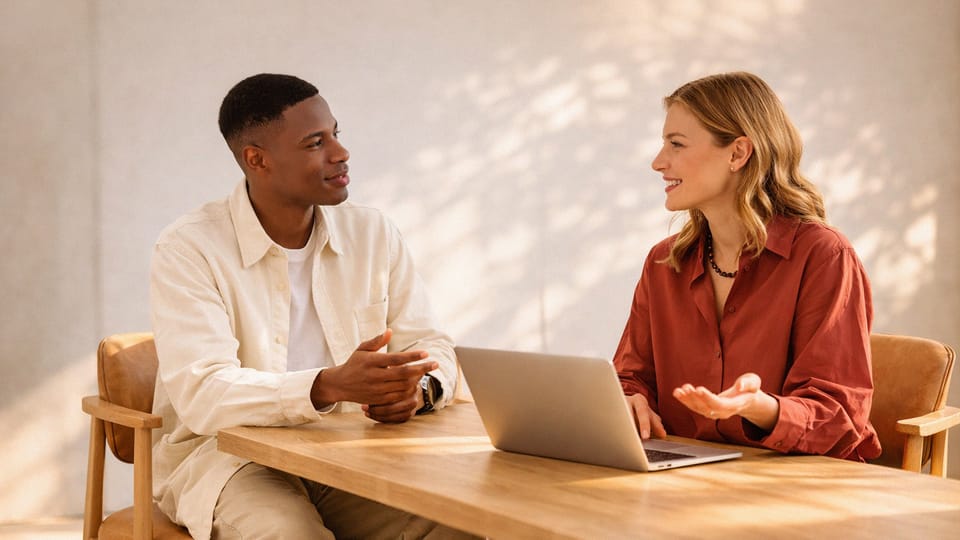 Two colleagues talking at a desk with a laptop