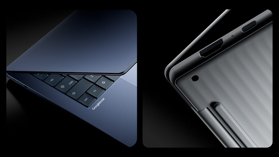 Two close-up product shots of the Googlebook laptop on a black background: the dark blue lid and keyboard corner with the Googlebook wordmark, and the grey underside with its ports