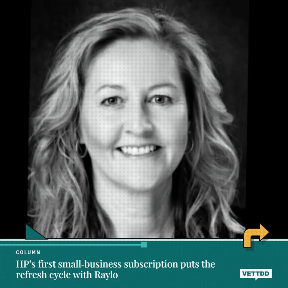 Ruth Patterson, managing director at HP, with a petrol green VETTDD banner reading 'HP’s first small-business subscription puts the refresh cycle with Raylo'