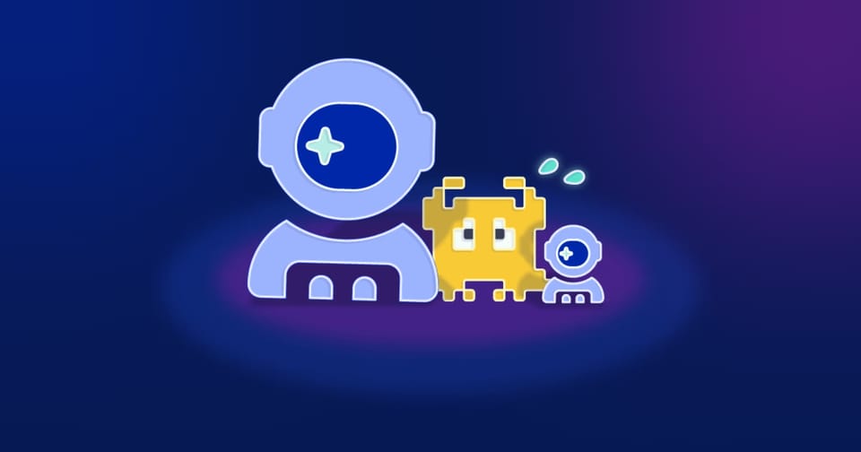 Intruder illustration of a large and a small astronaut figure either side of a worried pixel creature