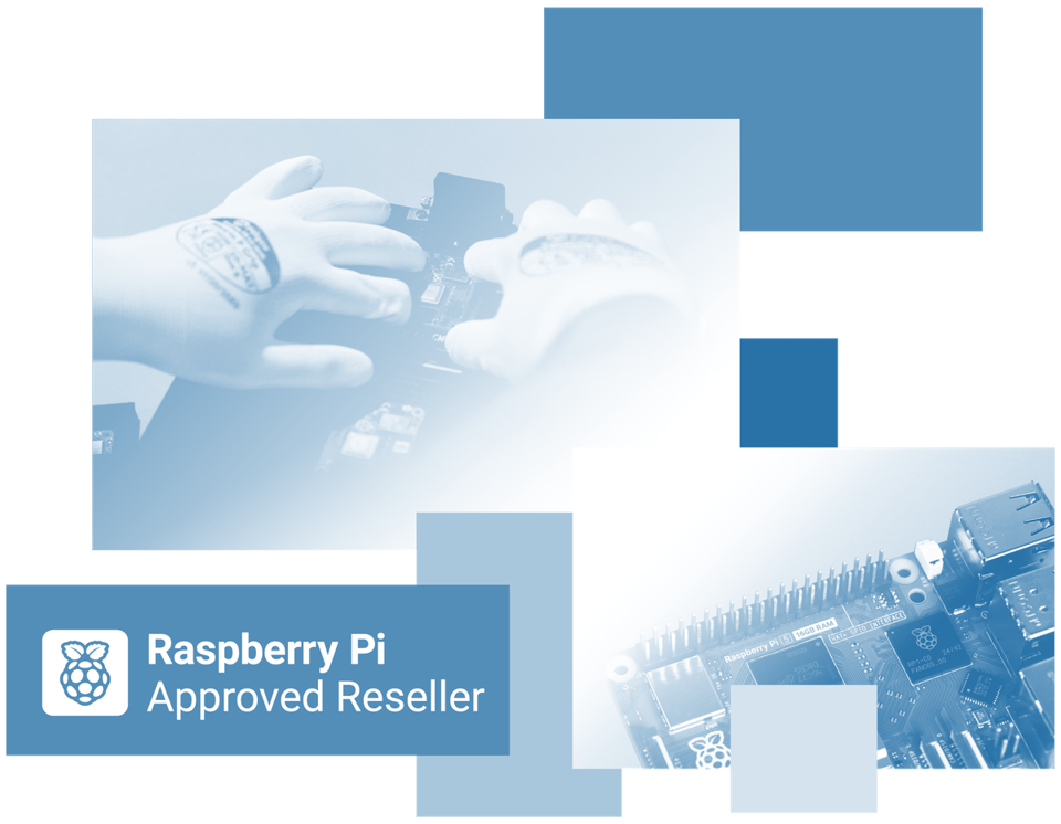 Blue-toned collage of a gloved hand handling a Raspberry Pi circuit board, a close-up of a Raspberry Pi 5 16GB board, and a Raspberry Pi Approved Reseller badge