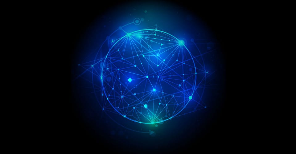 Abstract graphic of a glowing blue network of connected nodes forming a sphere on a black background, the header image Deloitte UK used on its GenAI workforce press release